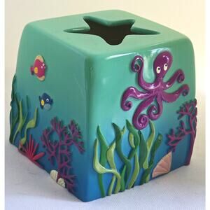 Tissue Box Cover/Holder-Turquoise-Whimsical Ocean-Embossed-Fish-Octopus-Starfish